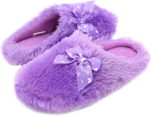 Onmygogo Girls Fuzzy Winter Indoor Slippers with Floral Bowknot, Warm Cozy Plush House Slippers for Little Big Kids Girls