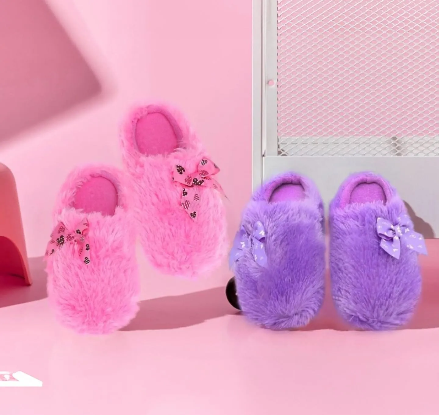 Onmygogo Girls Fuzzy Winter Indoor Slippers with Floral Bowknot, Warm Cozy Plush House Slippers for Little Big Kids Girls