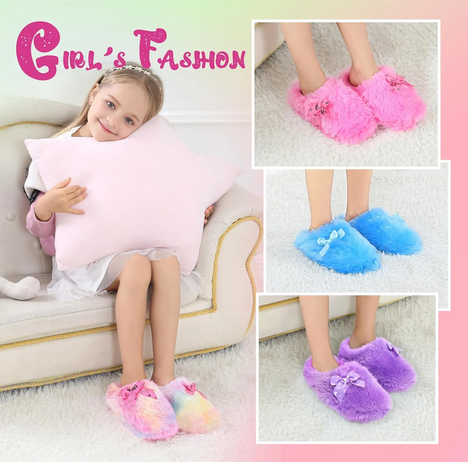 Onmygogo Girls Fuzzy Winter Indoor Slippers with Floral Bowknot, Warm Cozy Plush House Slippers for Little Big Kids Girls
