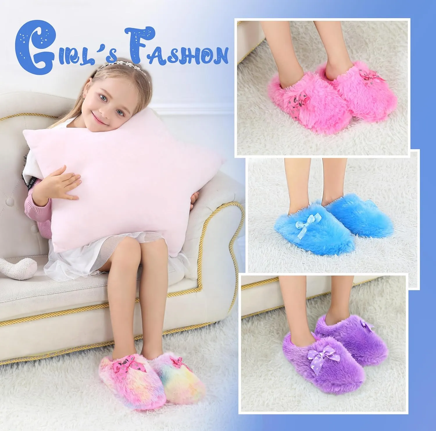 Onmygogo Girls Fuzzy Winter Indoor Slippers with Floral Bowknot, Warm Cozy Plush House Slippers for Little Big Kids Girls