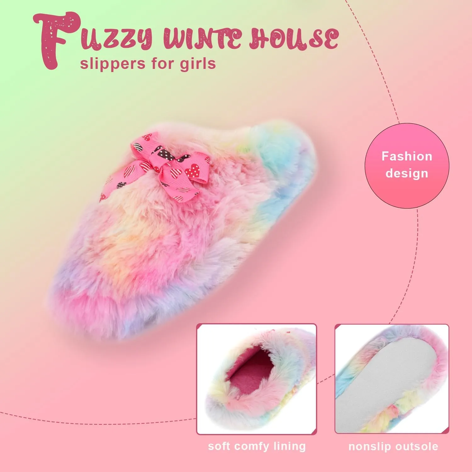 Onmygogo Girls Fuzzy Winter Indoor Slippers with Floral Bowknot, Warm Cozy Plush House Slippers for Little Big Kids Girls