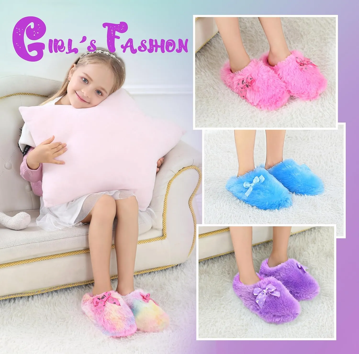 Onmygogo Girls Fuzzy Winter Indoor Slippers with Floral Bowknot, Warm Cozy Plush House Slippers for Little Big Kids Girls