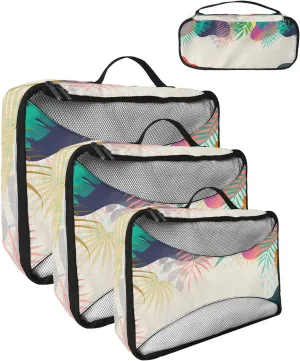 Packing Cubes for Travel, 4 Set Travel Packing Organized Cubes Abstract Plants Leaves Pattern Gradient Linen Texture Waterproof Luggage Organizer Laundry Bag Travel Accessories for Carry On Suitcases