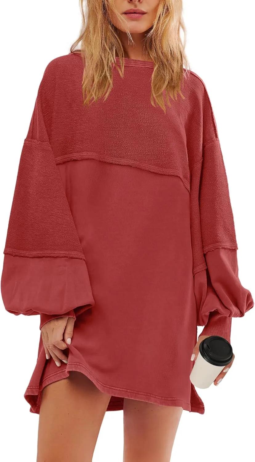 Panadila Womens Oversized Long Sleeve Patchwork Sweatshirt Dress Crewneck Tunic Sweatshirts Fall Loose Pullover Top