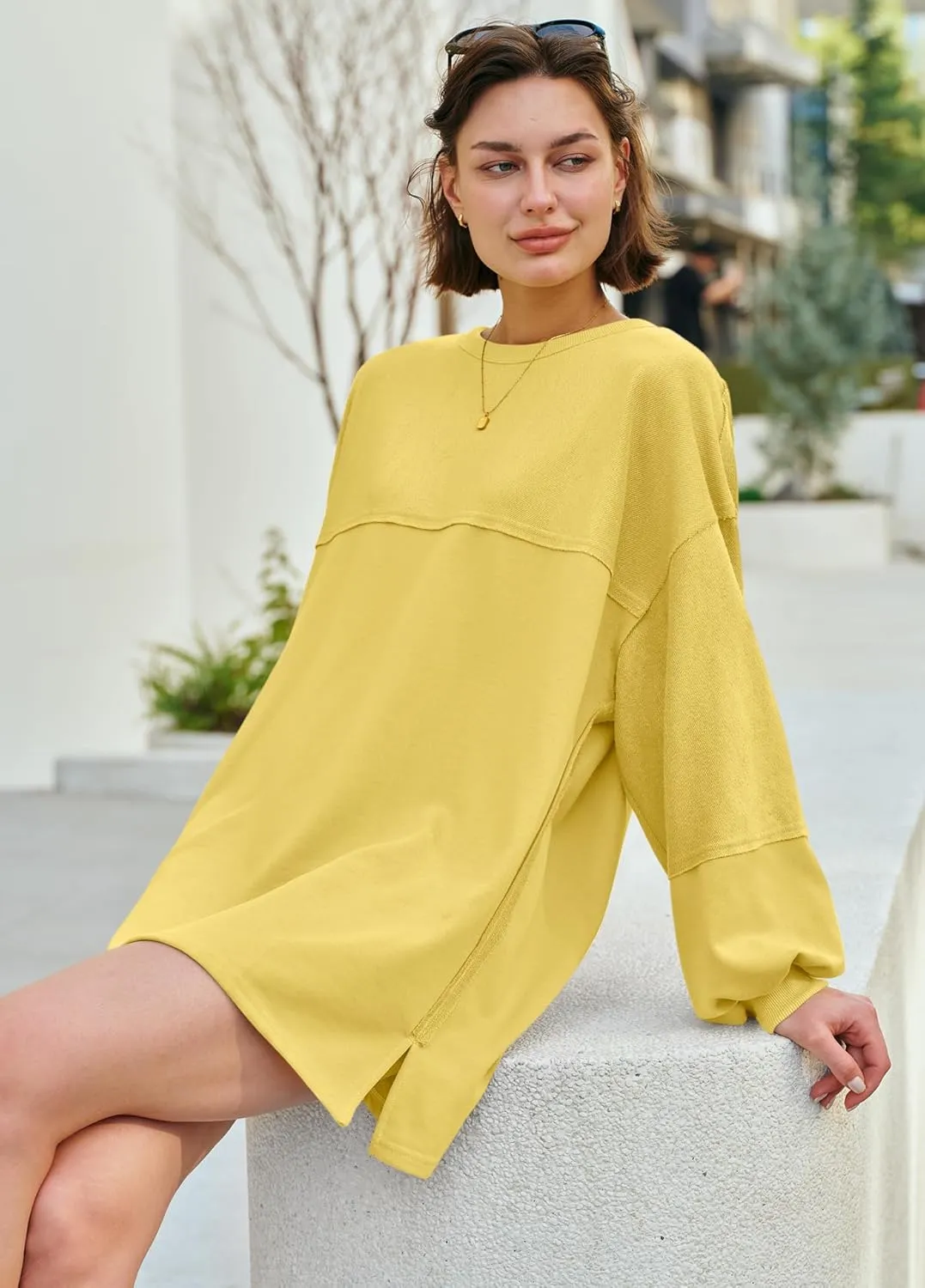 Panadila Womens Oversized Long Sleeve Patchwork Sweatshirt Dress Crewneck Tunic Sweatshirts Fall Loose Pullover Top