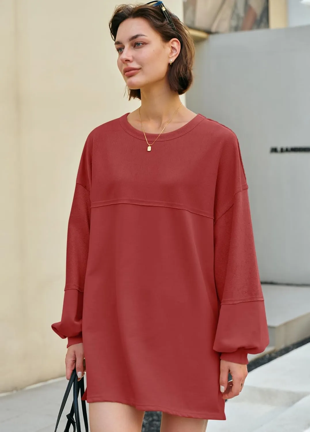 Panadila Womens Oversized Long Sleeve Patchwork Sweatshirt Dress Crewneck Tunic Sweatshirts Fall Loose Pullover Top