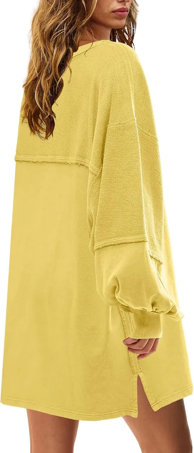 Panadila Womens Oversized Long Sleeve Patchwork Sweatshirt Dress Crewneck Tunic Sweatshirts Fall Loose Pullover Top
