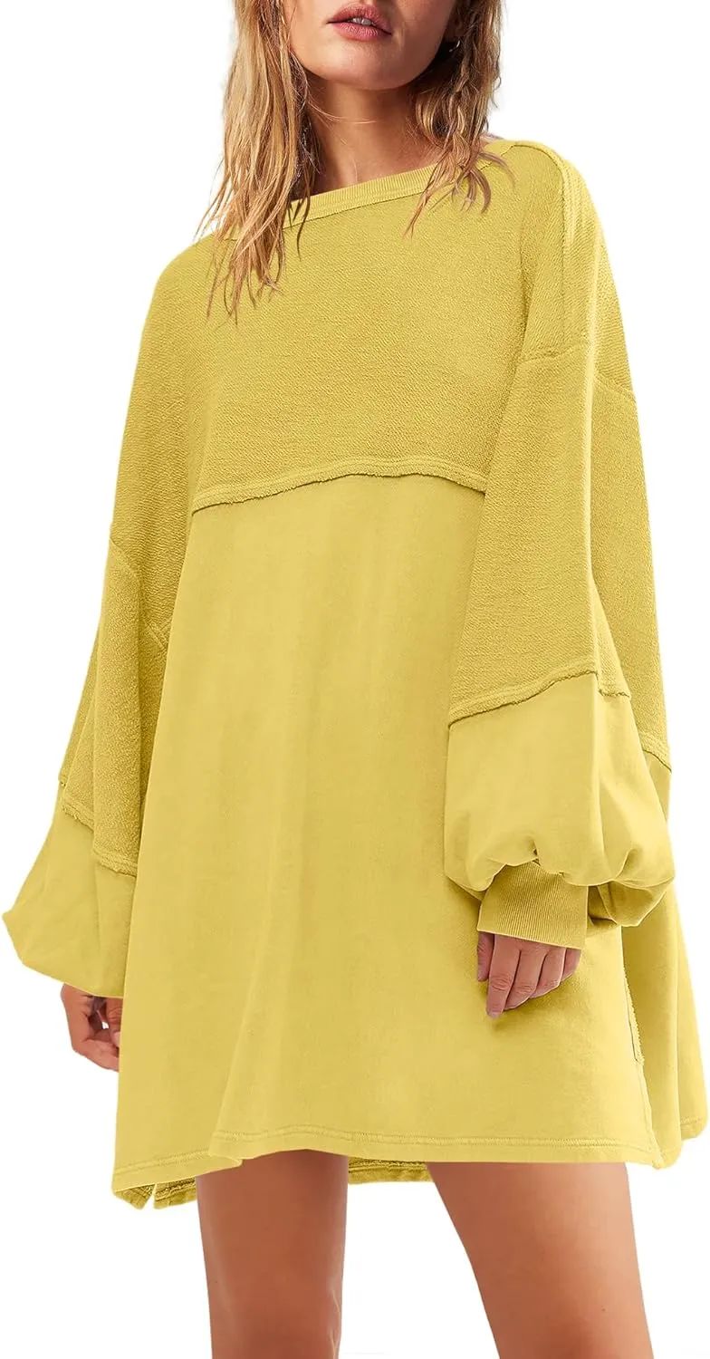 Panadila Womens Oversized Long Sleeve Patchwork Sweatshirt Dress Crewneck Tunic Sweatshirts Fall Loose Pullover Top