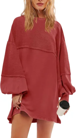 Panadila Womens Oversized Long Sleeve Patchwork Sweatshirt Dress Crewneck Tunic Sweatshirts Fall Loose Pullover Top