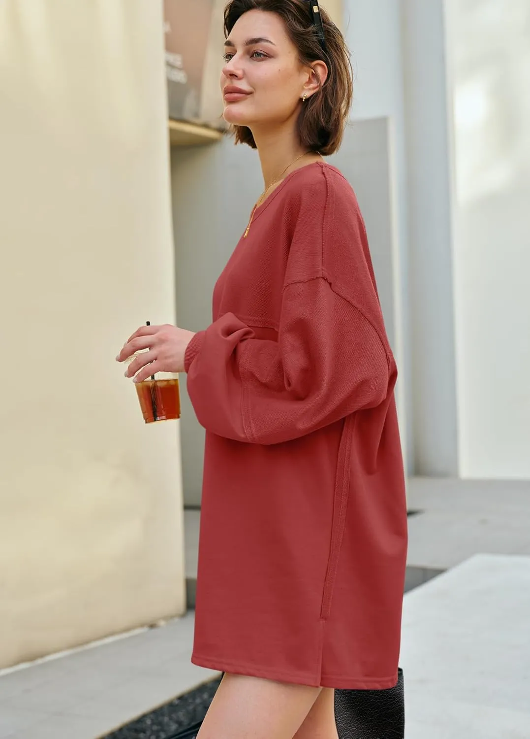 Panadila Womens Oversized Long Sleeve Patchwork Sweatshirt Dress Crewneck Tunic Sweatshirts Fall Loose Pullover Top