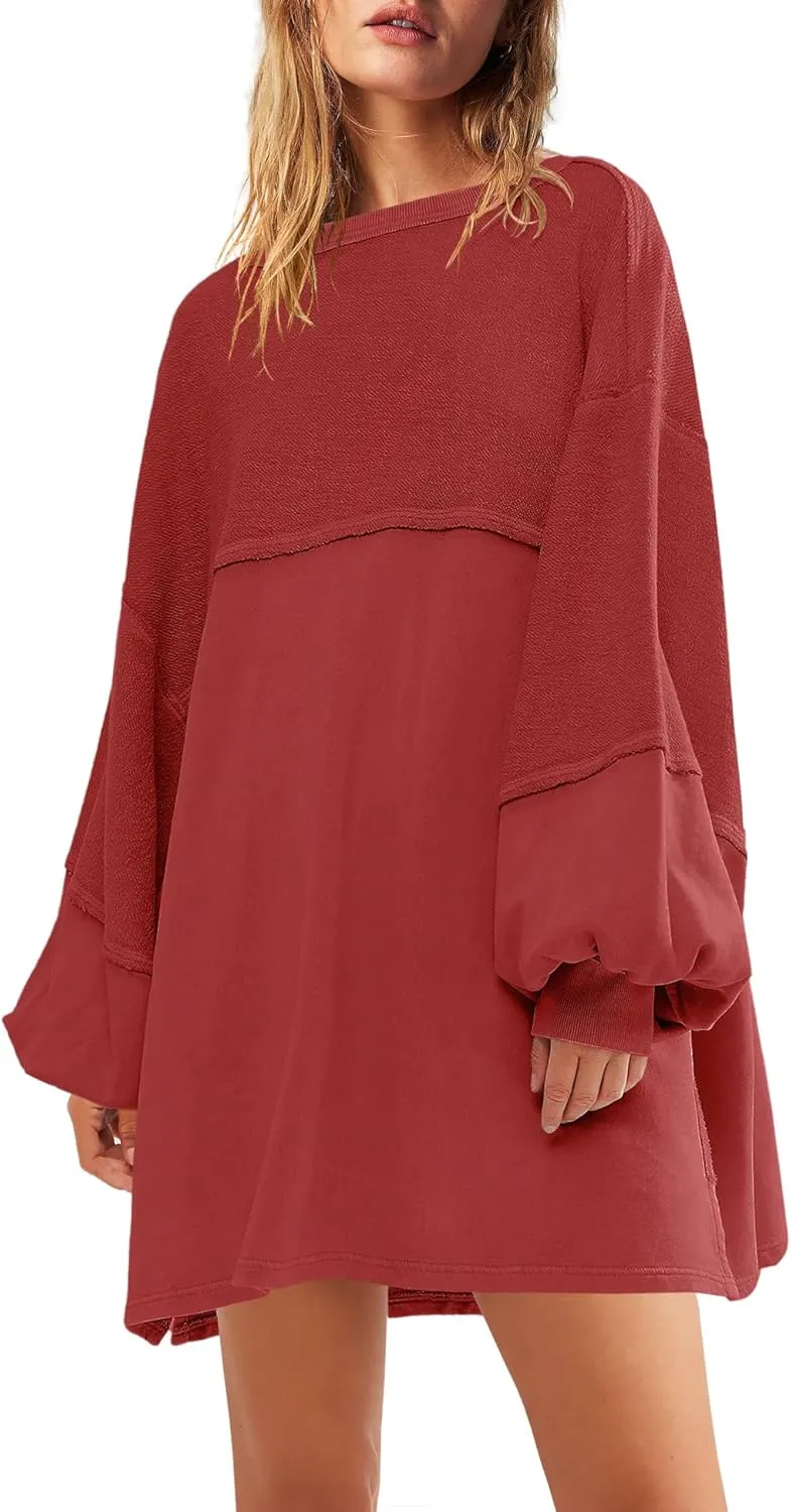 Panadila Womens Oversized Long Sleeve Patchwork Sweatshirt Dress Crewneck Tunic Sweatshirts Fall Loose Pullover Top
