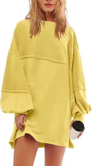 Panadila Womens Oversized Long Sleeve Patchwork Sweatshirt Dress Crewneck Tunic Sweatshirts Fall Loose Pullover Top