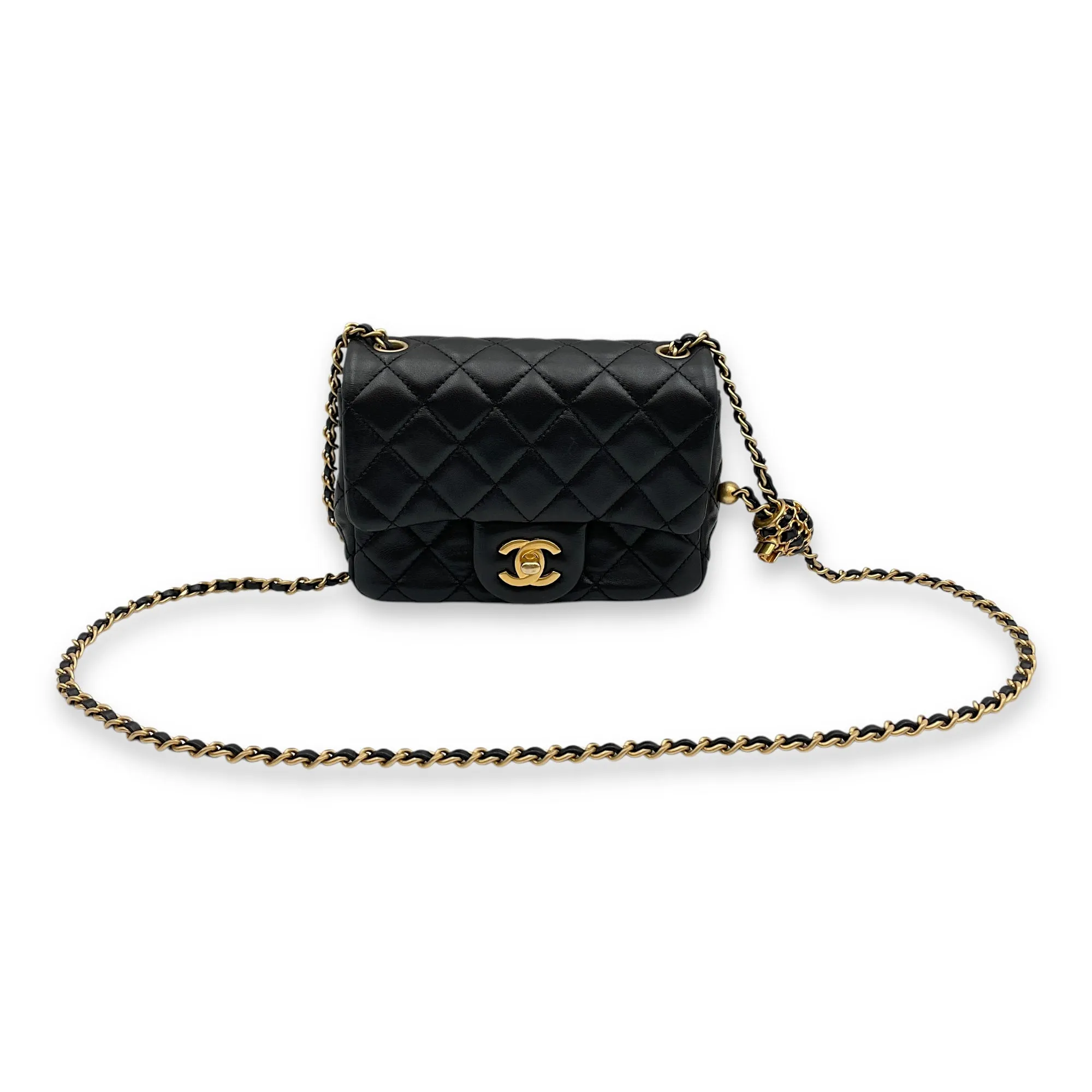 Pearl Crush Mini Square Black Crossbody Bag in Lambskin, Gold hardware