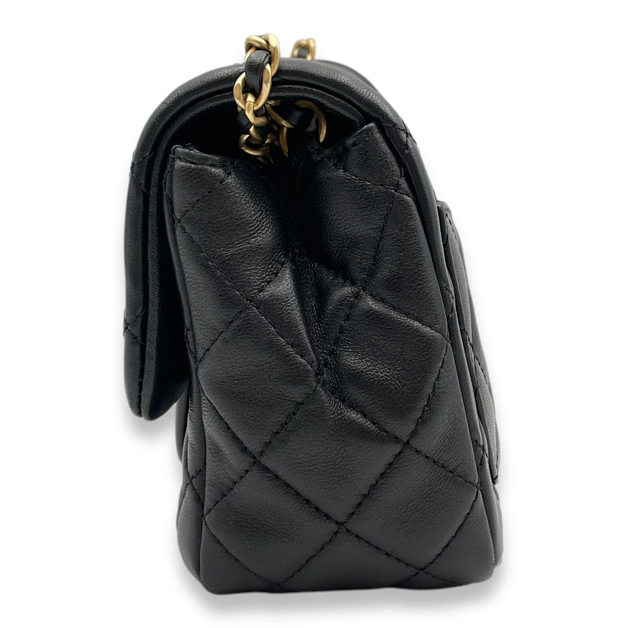 Pearl Crush Mini Square Black Crossbody Bag in Lambskin, Gold hardware