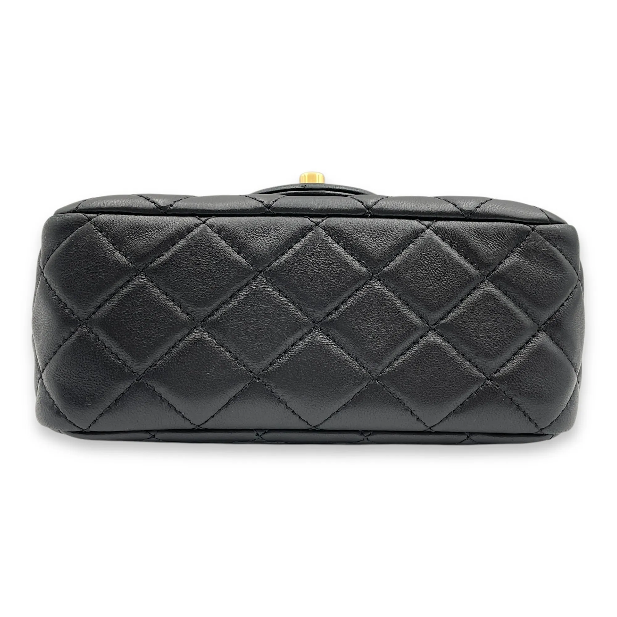 Pearl Crush Mini Square Black Crossbody Bag in Lambskin, Gold hardware