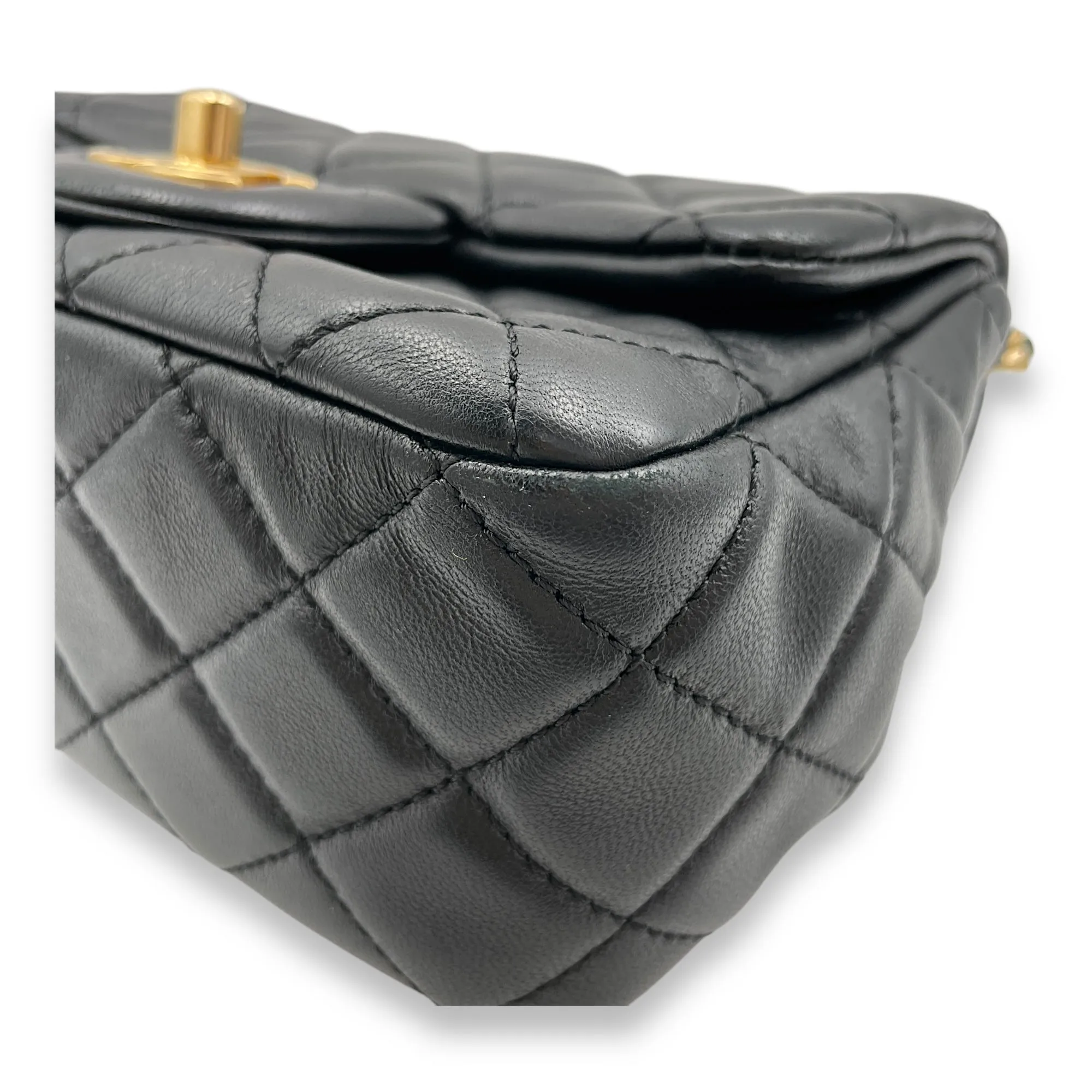 Pearl Crush Mini Square Black Crossbody Bag in Lambskin, Gold hardware