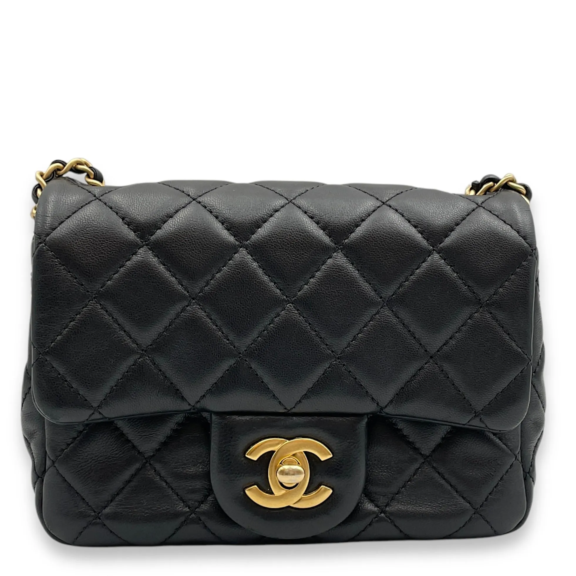 Pearl Crush Mini Square Black Crossbody Bag in Lambskin, Gold hardware
