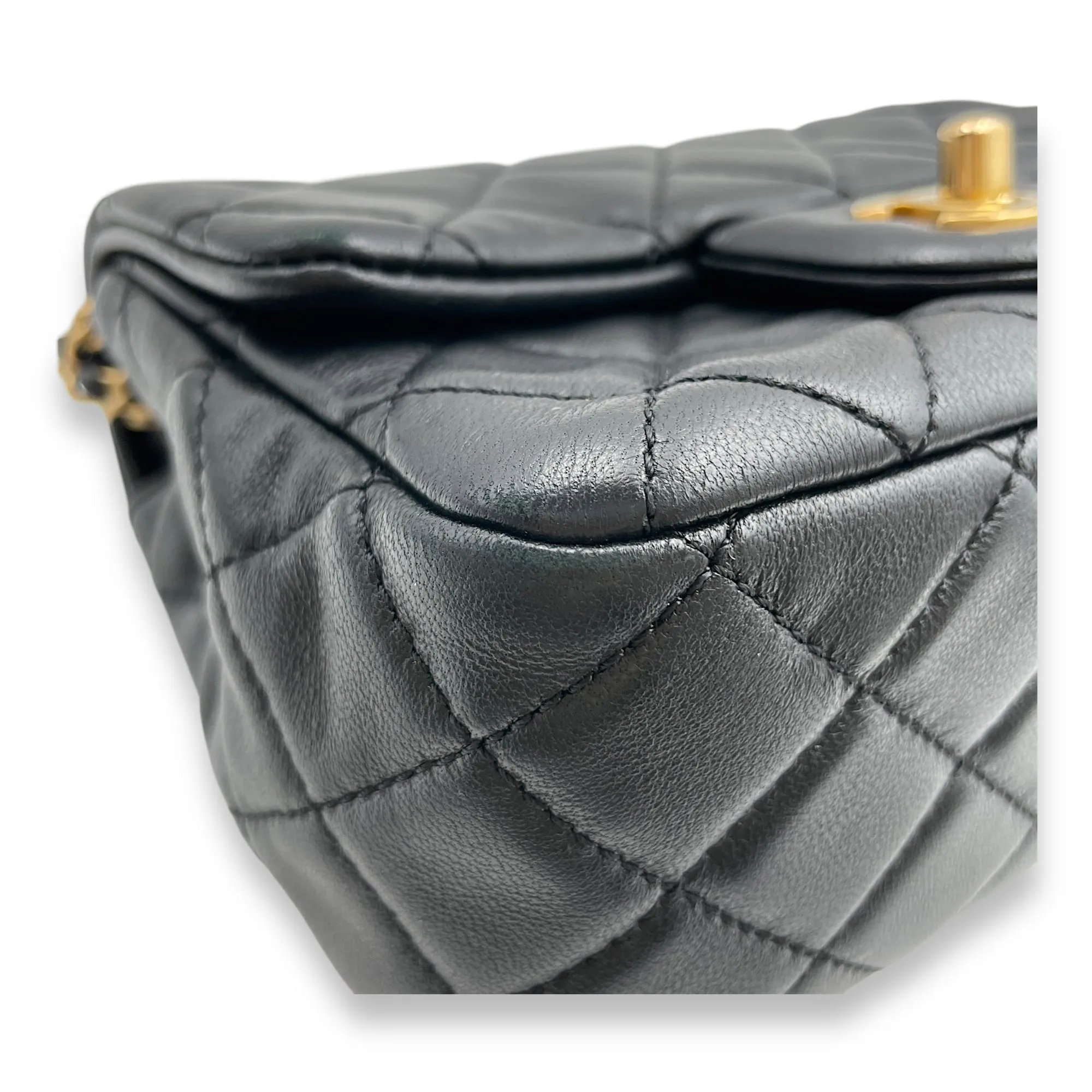Pearl Crush Mini Square Black Crossbody Bag in Lambskin, Gold hardware