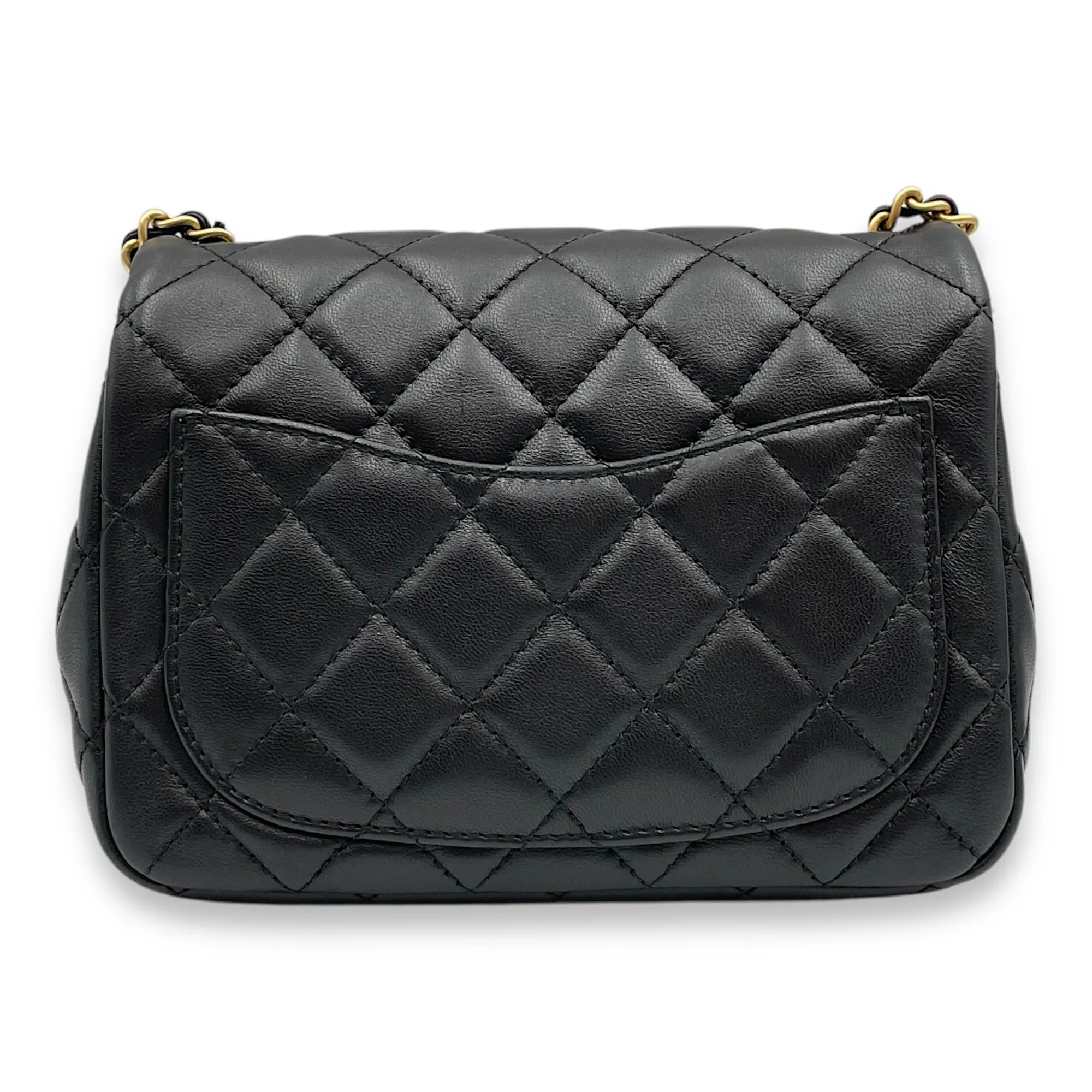Pearl Crush Mini Square Black Crossbody Bag in Lambskin, Gold hardware