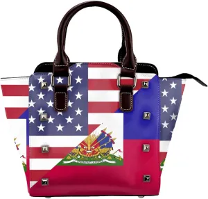 Peynir American And Haiti Flag Women Leather Shoulder Bag Mini Rivet Handbag Tote Bag For Travel Work Shoping, Fashion
