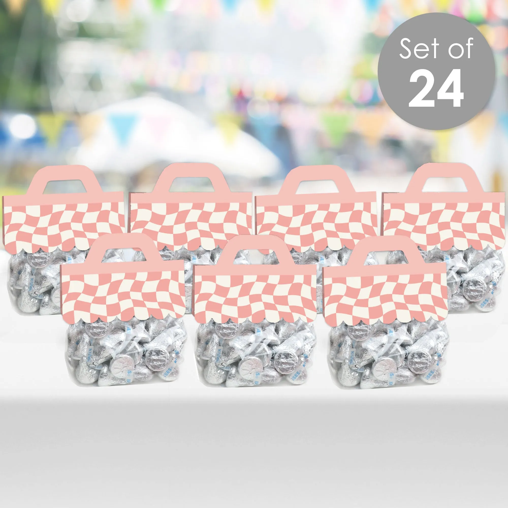 Pink Checkered Party - DIY Clear Goodie Favor Bag Labels - Candy Bags with Toppers - Set of 24