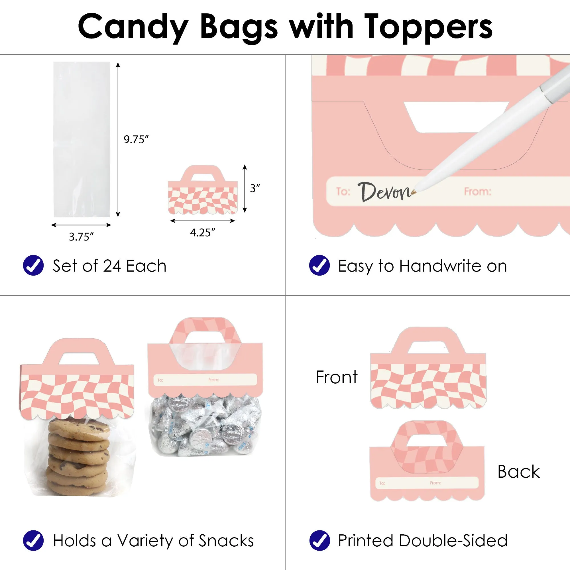 Pink Checkered Party - DIY Clear Goodie Favor Bag Labels - Candy Bags with Toppers - Set of 24