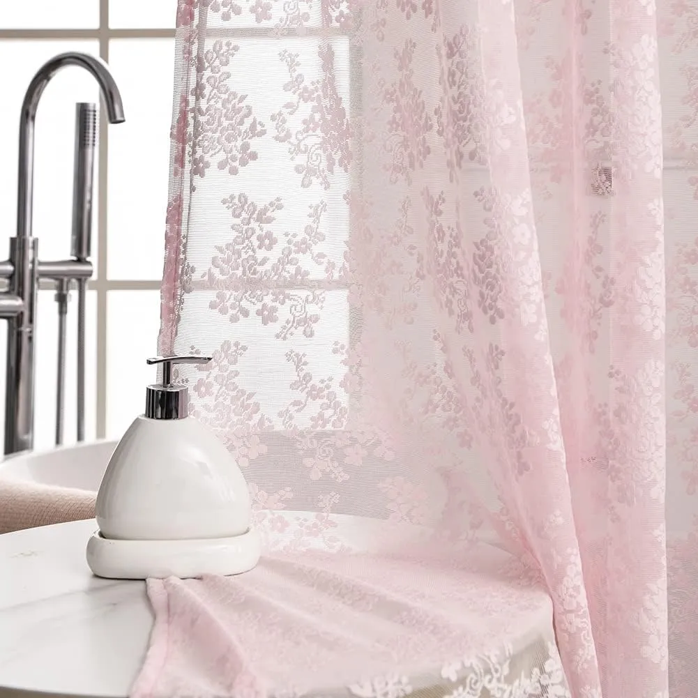 Pink Lace Vintage Shower Curtain with Attached Valance, Floral Lace Curtain for Bathroom, Farmhouse Style Shabby Chic Shower Curtain Scalloped Edge, 72 x 72 Inch, 1 Panel