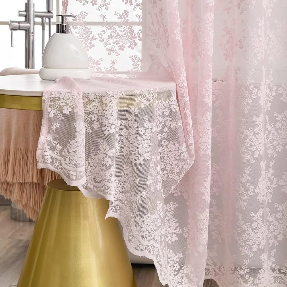 Pink Lace Vintage Shower Curtain with Attached Valance, Floral Lace Curtain for Bathroom, Farmhouse Style Shabby Chic Shower Curtain Scalloped Edge, 72 x 72 Inch, 1 Panel
