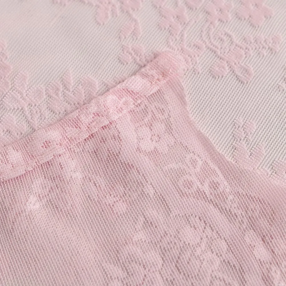 Pink Lace Vintage Shower Curtain with Attached Valance, Floral Lace Curtain for Bathroom, Farmhouse Style Shabby Chic Shower Curtain Scalloped Edge, 72 x 72 Inch, 1 Panel