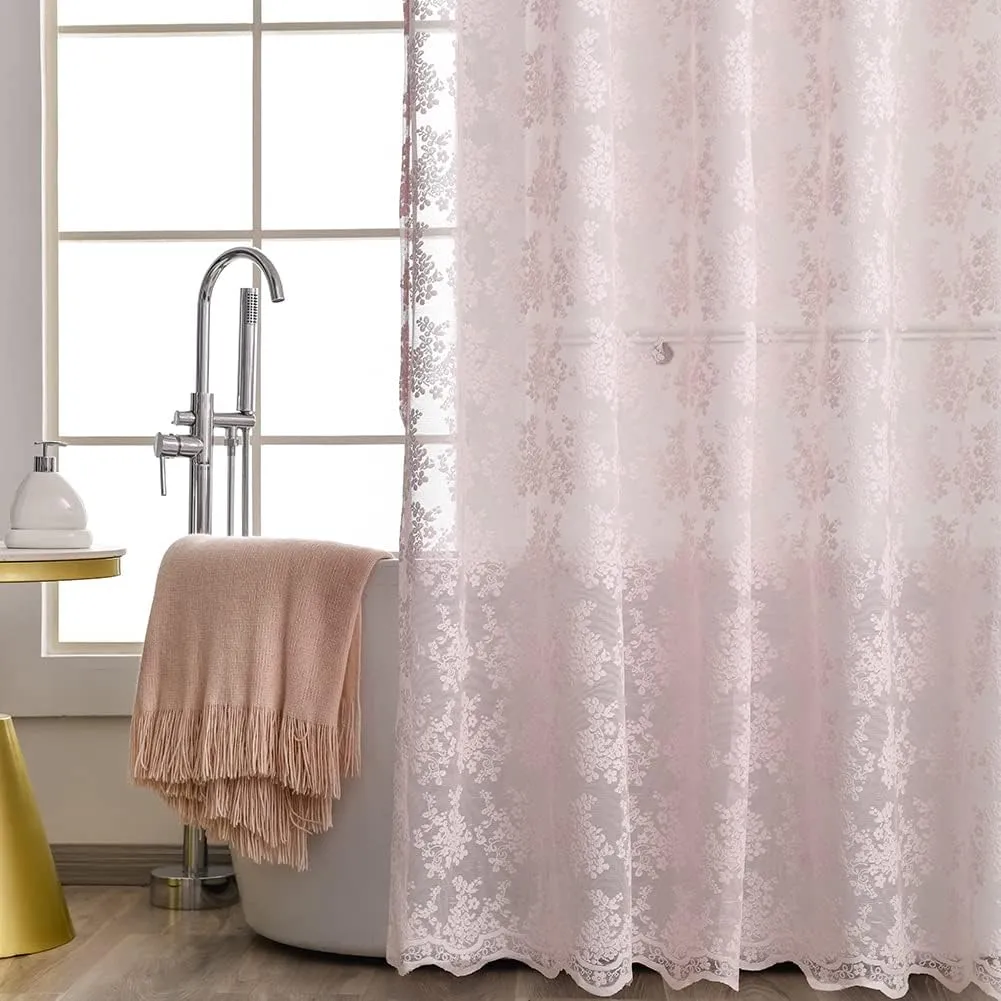 Pink Lace Vintage Shower Curtain with Attached Valance, Floral Lace Curtain for Bathroom, Farmhouse Style Shabby Chic Shower Curtain Scalloped Edge, 72 x 72 Inch, 1 Panel