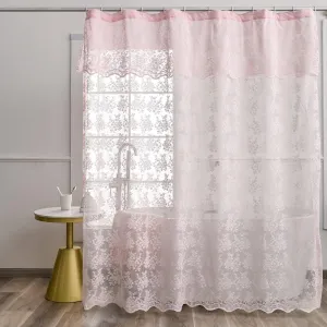 Pink Lace Vintage Shower Curtain with Attached Valance, Floral Lace Curtain for Bathroom, Farmhouse Style Shabby Chic Shower Curtain Scalloped Edge, 72 x 72 Inch, 1 Panel