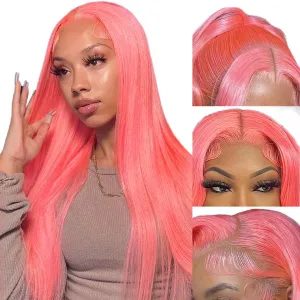 Pink Wig Human Hair 13x4 Hd Straight Lace Front Wigs Human Hair Pink Human Hair Wigs for Women Wear and Go Glueless Hot Pink Lace Front Wig Pre Plucked with Baby Hair 24 inch