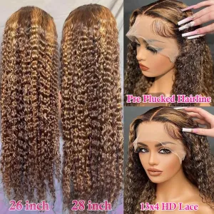 Pizazz 28 Inch Ombre Highlight 13x4 HD Lace Front Wigs Human Hair Pre Plucked 180 Density Deep Wave Lace Frontal Wigs Human Hair for Black Women 12A Glueless Wigs with Baby Hair 28 Inch