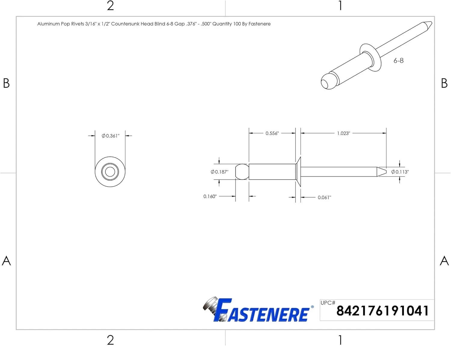 Pop Rivets - 3/16" x 1/2" (100 pcs) Heavy Duty, Open-End, Aluminum, Dome-Head Blind Rivets, Corrosion-Resistant & High Shear Strength, 6-8 Gap .376" - .500"