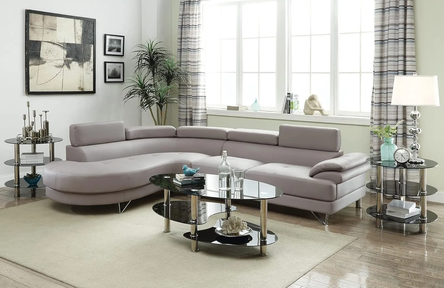 Poundex Bobkona Isidro Faux Leather sectional, Light Grey