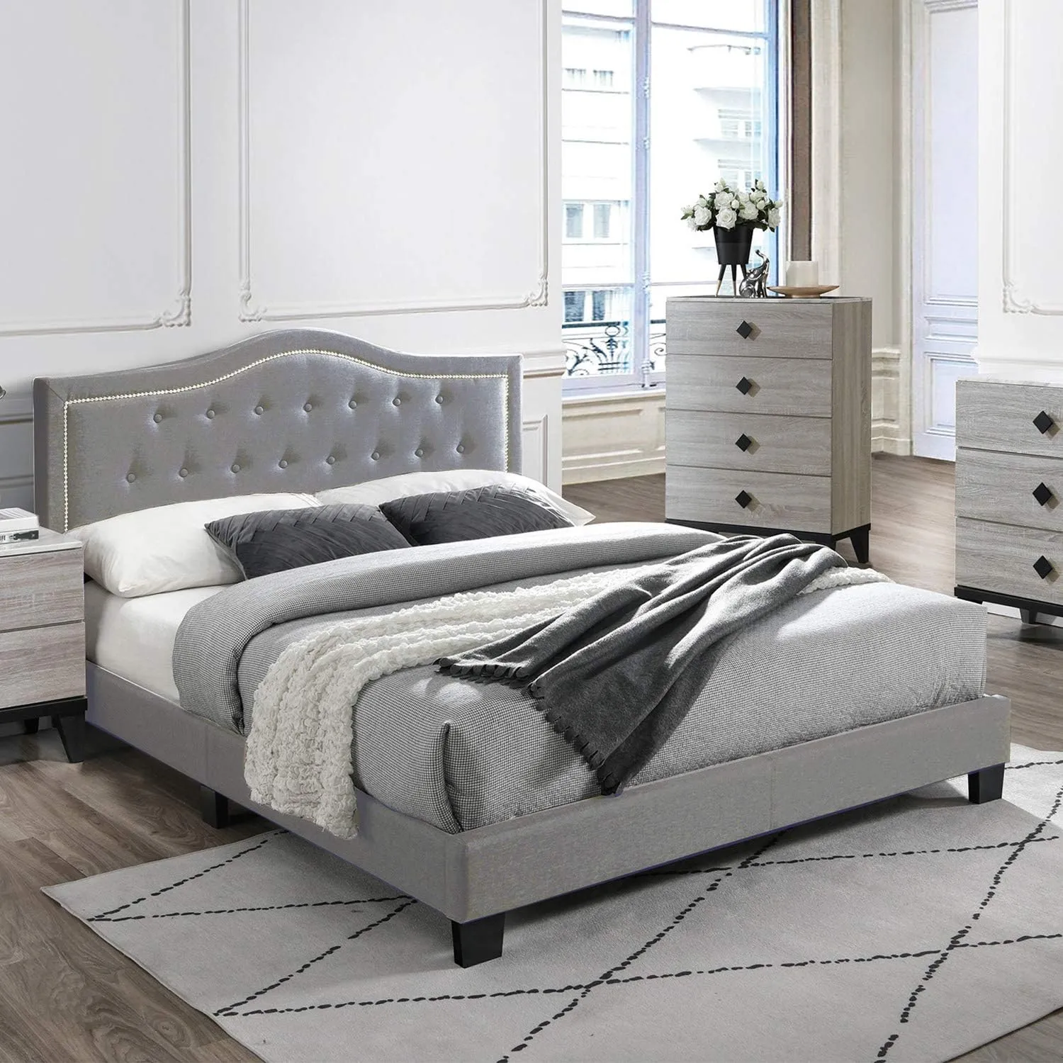 Poundex Twin Fabric Upholstered Bed, Grey