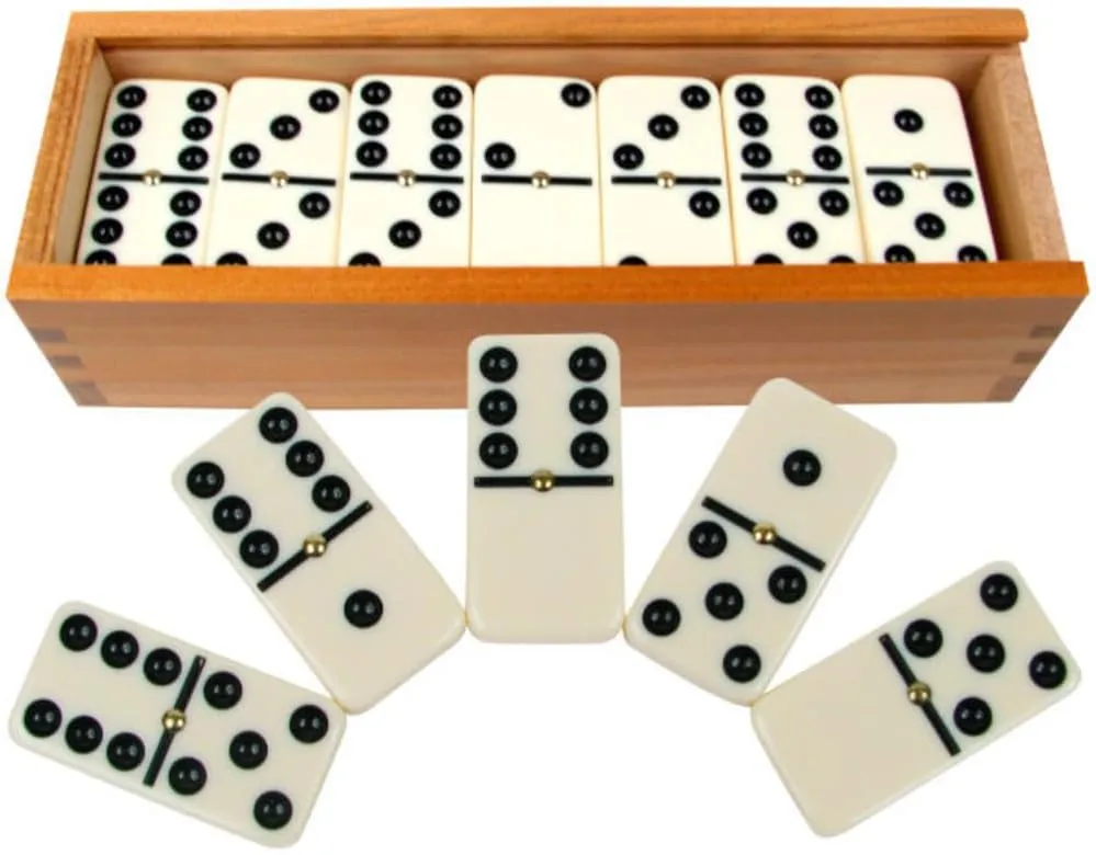 Premium Set of 28 Double Six Dominoes with Wood Case, Brown, 28 Piece (12-2408)