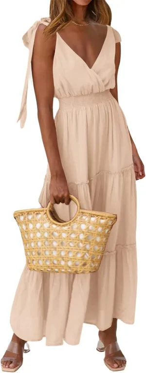 PRETTYGARDEN Women's Cross Neck Summer Sleeveless Tiered Maxi Dress Beach Tie Strap Smocked Long Dresses Pleated Sundress