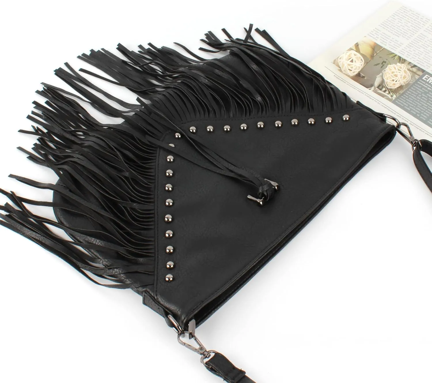 PU Leather Fringe Hobo Bag Large Studded Handbag Crossbody Bag for Women