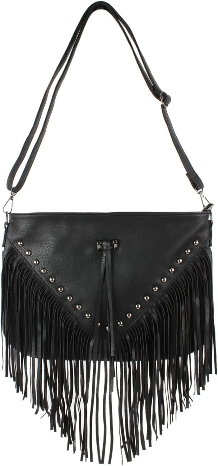 PU Leather Fringe Hobo Bag Large Studded Handbag Crossbody Bag for Women
