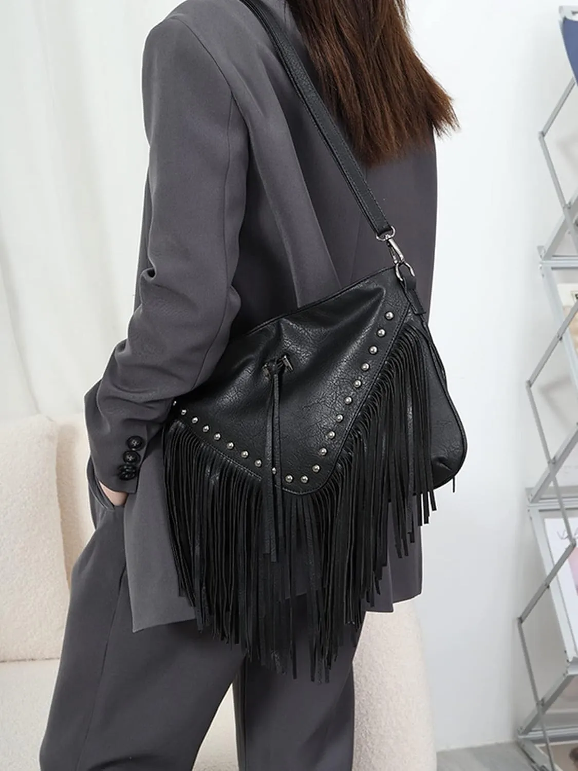 PU Leather Fringe Hobo Bag Large Studded Handbag Crossbody Bag for Women