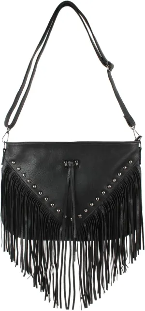 PU Leather Fringe Hobo Bag Large Studded Handbag Crossbody Bag for Women