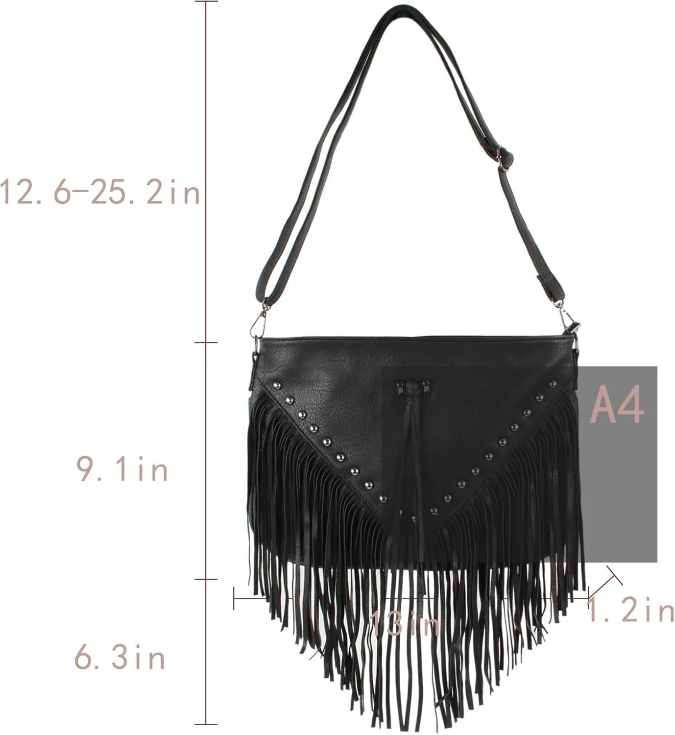 PU Leather Fringe Hobo Bag Large Studded Handbag Crossbody Bag for Women