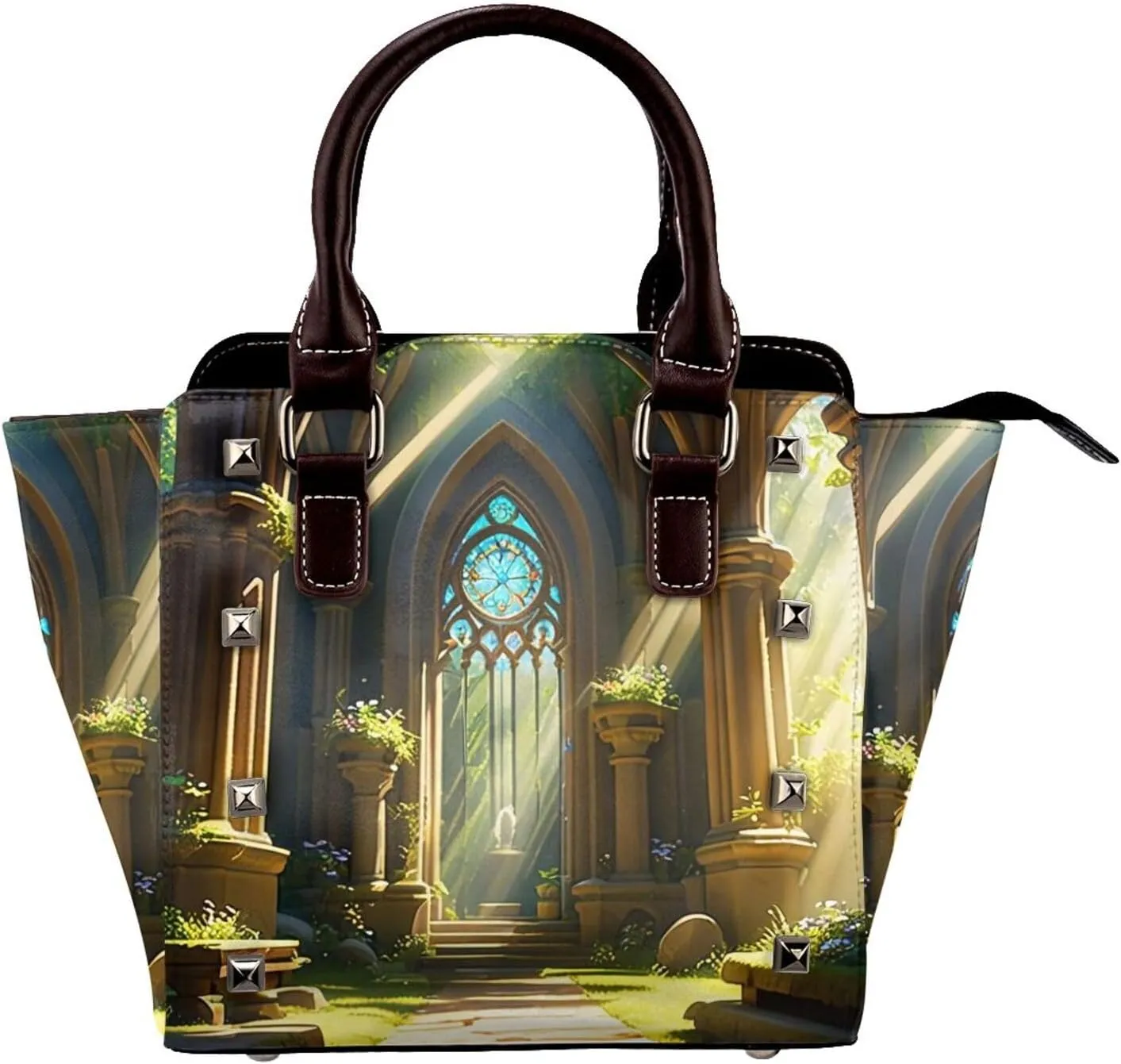PU Leather Rivet Shoulder Bag for Women,Sunlit Sanctuary Print Women's Crossbody Handbag Purse Adjustable & Removable Strap Small Tote Bags