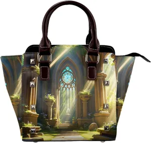 PU Leather Rivet Shoulder Bag for Women,Sunlit Sanctuary Print Women's Crossbody Handbag Purse Adjustable & Removable Strap Small Tote Bags