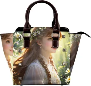 PU Leather Rivet Shoulder Bag for Women,Sunlit Symphony Print Women's Crossbody Handbag Purse Adjustable & Removable Strap Small Tote Bags