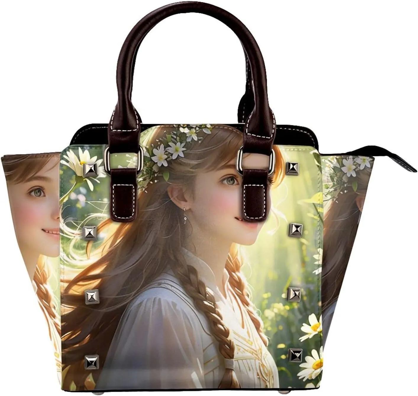 PU Leather Rivet Shoulder Bag for Women,Sunlit Symphony Print Women's Crossbody Handbag Purse Adjustable & Removable Strap Small Tote Bags