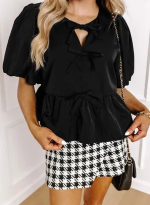 Puff Sleeve Bowknot Front Peplum Blouse