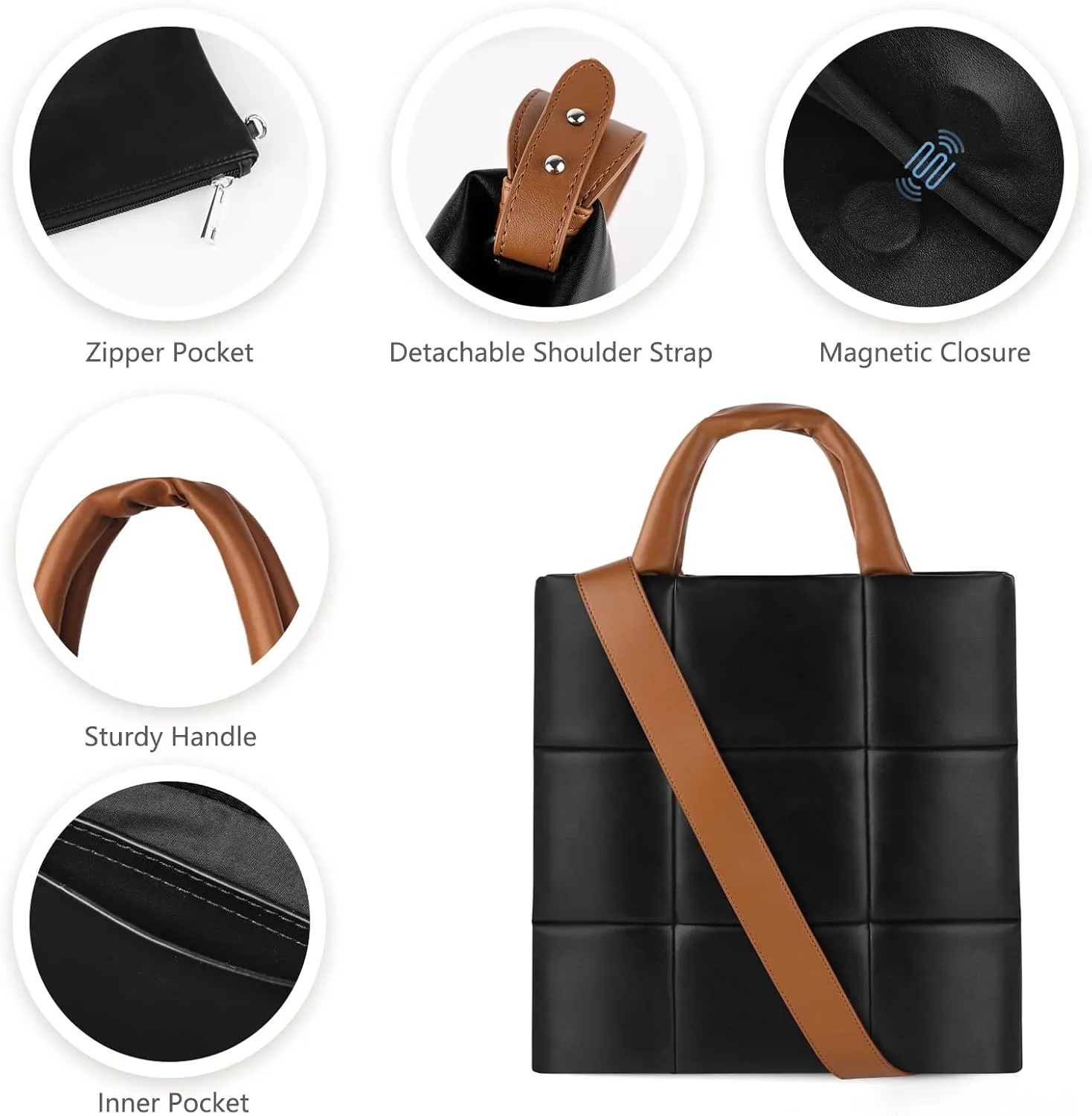 Puffer Tote Bag, Quilted Crossbody Bag with Zip, Top-Handle Shoulder Bags with Removable Strap, PU Leather Handbags for Women