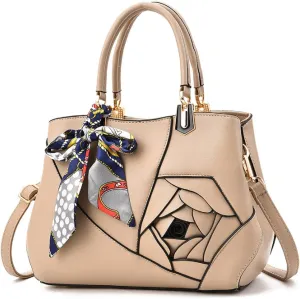 Purses and Handbags for Women PU Leather Top-Handle Satchel Bowknot Shoulder Bag Tote Flower Crossbody Bag(Khaki)